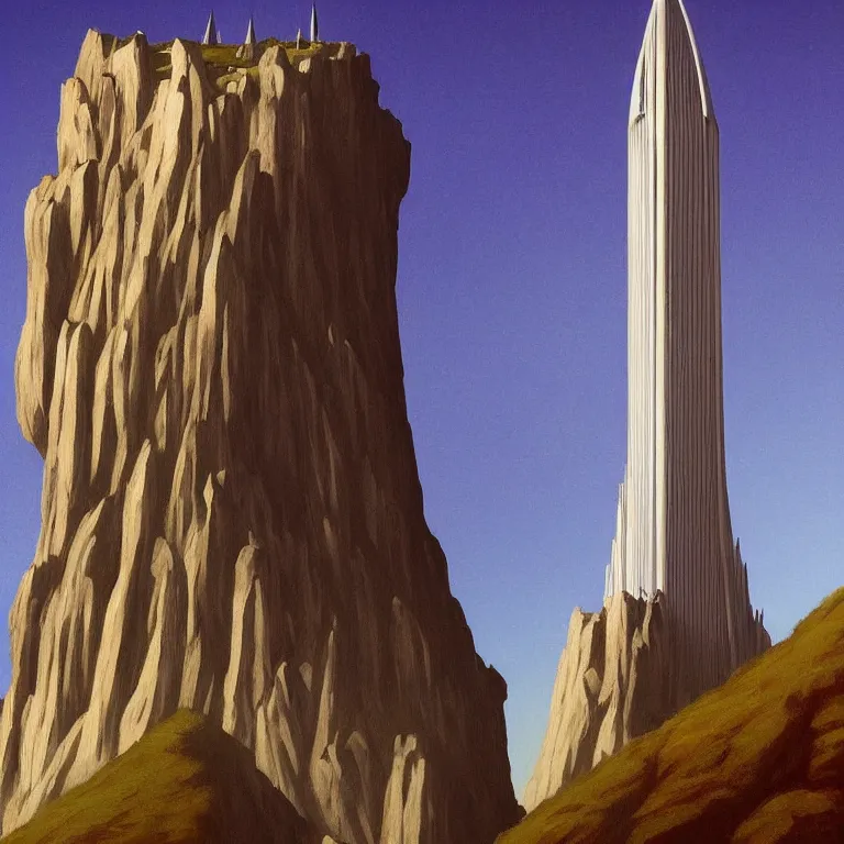 Image similar to tower of Sauron, Middle Earth, Lord of the Rings, designed by Apple, painted by Edward Hopper, painted by James Gilleard, airbrush