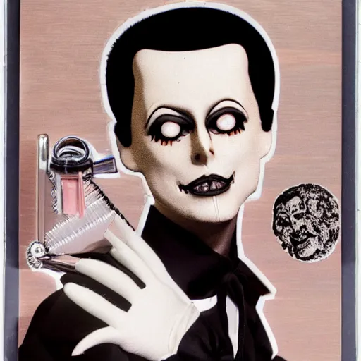 Prompt: a high quality product photo ad of klaus nomi with a technical reed rollerball pen exacto knife by junji ito and joseph cornell, ethereal eel unsplash contest winner