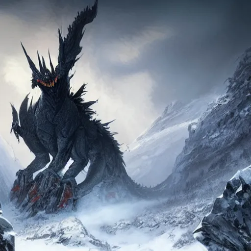 Image similar to giant black dragon in the snowy mountains, fantasy, greg rutkowski