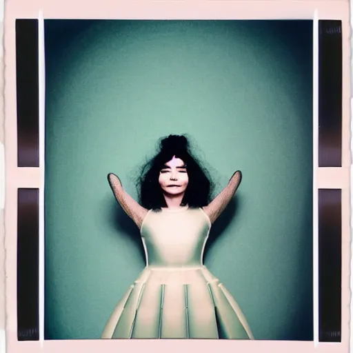 Image similar to Portrait of Bjork in an Issey Miyake dress, ethereal, polaroid