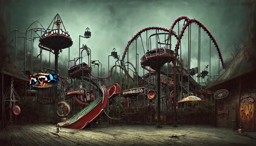 Prompt: michal karcz grunge painting of an amusement park, monster and horror theme. Monster-themed Frisbee ride, detailed, elegant, intricate, 4k,