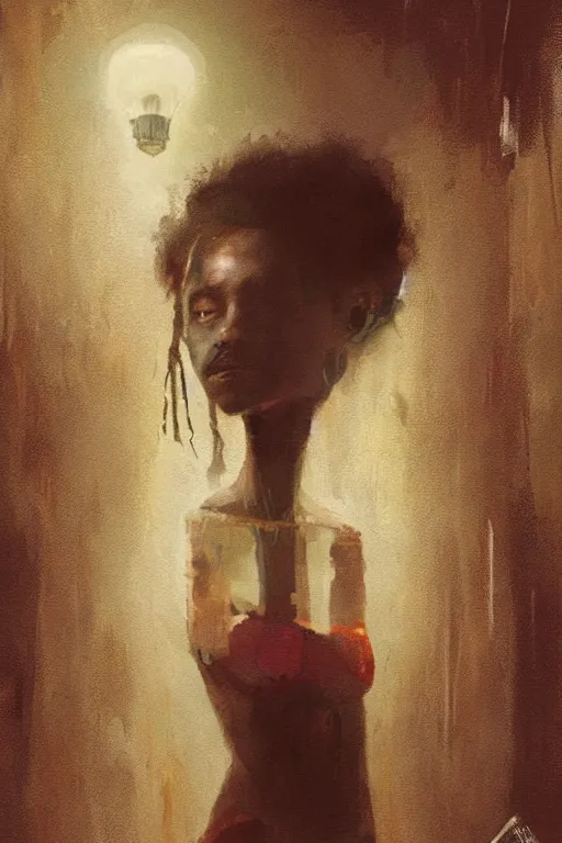 Image similar to a woman inside of an empty light bulb. by greg rutkowski and basquiat