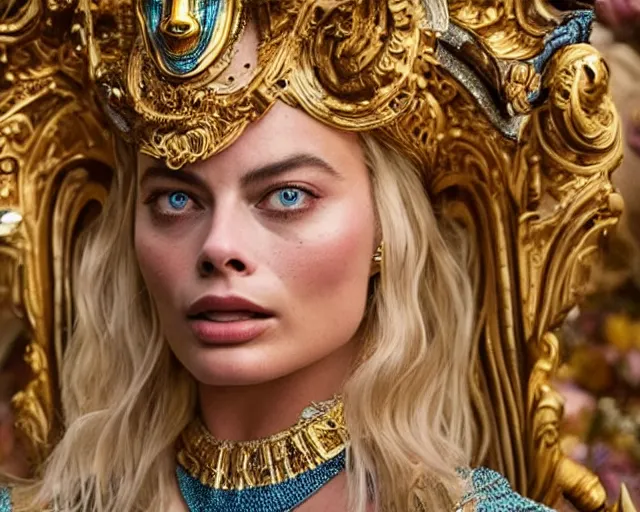 Image similar to Margot robbie as a goddess in heaven, Photography, Cinematic, Portrait, insanely detailed and intricate, hypermaximalist, elegant, ornate, hyper realistic, super detailed