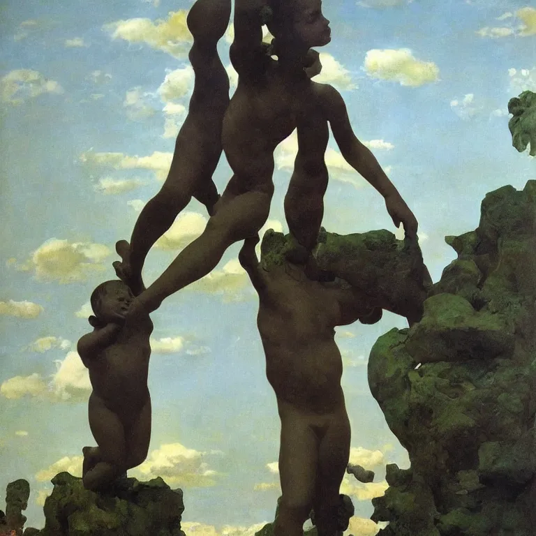 Prompt: A Monumental Public Sculpture of a 'Giant Child made of green marble watching the stars' on a pedestal by the lake, surreal oil painting by John Singer Sargent and Maxfield Parrish and Max Ernst shocking detail hyperrealistic!! Cinematic lighting