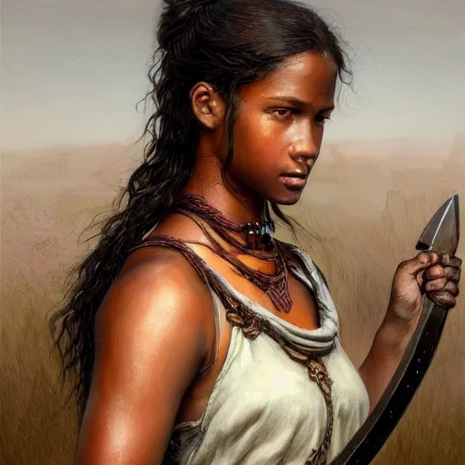 Image similar to artstation concept of a beautiful girl holding a sword in both hands, brown skin, sweaty skin, symmetrical face, casual white garment, brown canyon background, shiny colorful, hyperdetailed, artstation trending, world renowned artists, worth1000.com, historic artworks society, antique renewel, cgsociety, by greg rutkowski, by Gustave Dore, Deviantart