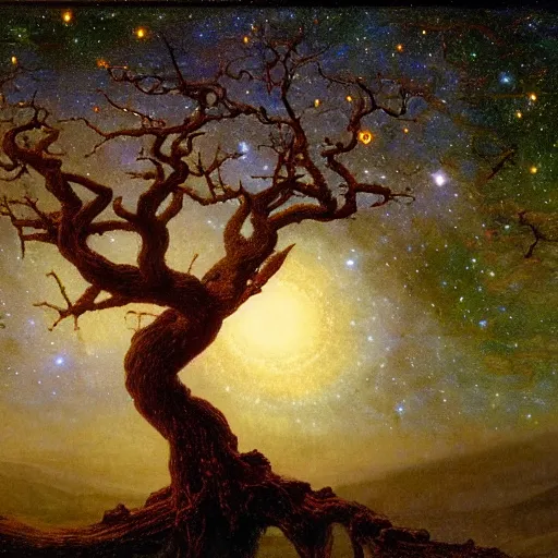 Prompt: a cosmic yggdrasil with galaxies hanging from the branches by caspar david friedrich and albert bierstadt, digital art, artstation, low angle,