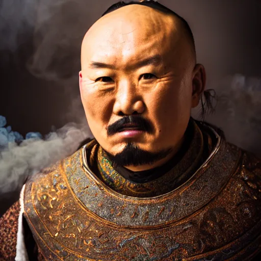 Image similar to Photo of Genghis Khan, close-up, high detail, studio, ominous background, smoke, 85mm Sigma Art Lens