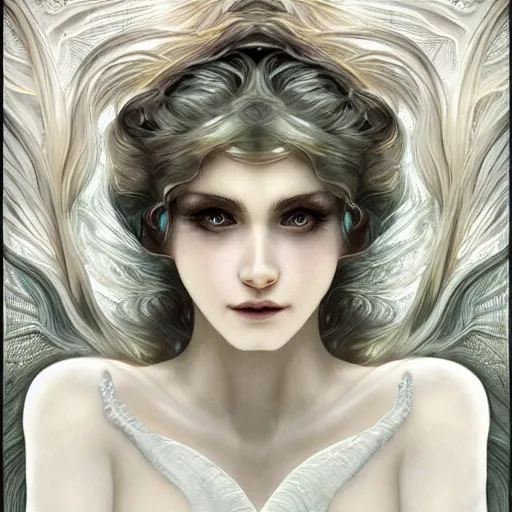Image similar to a photograpic portrait of a anthropomorphic bioluminescent water wave wearing white clothes, fantasy, intricate, elegant, highly detailed, digital painting, artstation, concept art, smooth, sharp focus, illustration, art by artgerm and h r giger and alphonse mucha