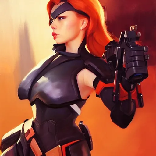 Image similar to greg manchess portrait painting of black widow as overwatch character, medium shot, asymmetrical, profile picture, organic painting, sunny day, matte painting, bold shapes, hard edges, street art, trending on artstation, by huang guangjian and gil elvgren and sachin teng