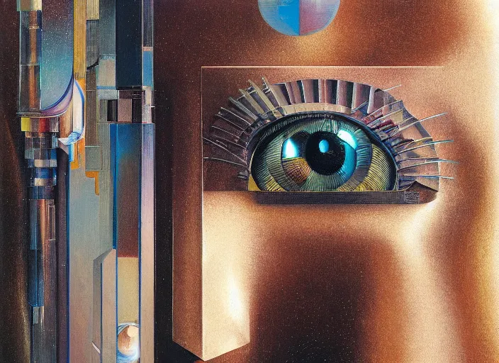 Image similar to a portrait headshot of sci fi metallic human, bright eyes, melancholic complex geometric figure liminal machinery by oskar schlemmer, moebius, john berkey, oil on canvas, portrait facial head, featured on artstation, hd wallpaper