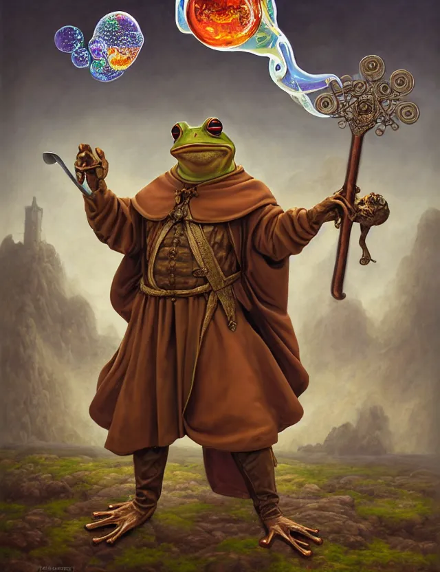 Image similar to anthropomorphic bipedal frog that is dressed as a renaissance monk, and holding a giant sword, as a matte oil painting and d & d character art, by alex grey, standing, fullbody, floating bubbles, mystic, fog, fractals, spirals, concept art, award - winning, extremely detailed, sharp focus