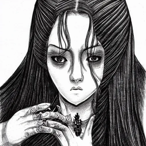 Prompt: portrait of a beautiful woman, gothic, high detail, drawing by junji ito