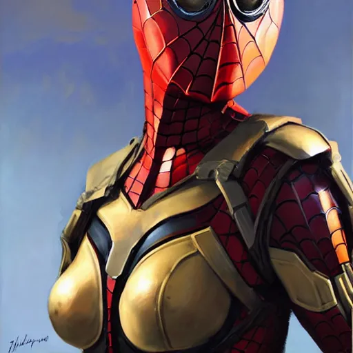 Image similar to greg manchess portrait painting of partially armored female iron spiderman as overwatch character, medium shot, asymmetrical, profile picture, organic painting, sunny day, matte painting, bold shapes, hard edges, street art, trending on artstation, by huang guangjian, gil elvgren, ruan jia, greg rutkowski, gaston bussiere