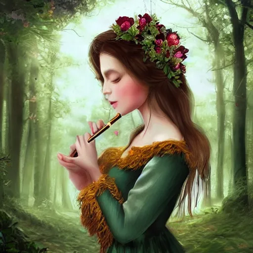 Prompt: a beautiful fantasy portrait of a petite caucasian brunette with a round face and slightly short hair smoking a j with in an enchanted forest, digital art, highly detailed