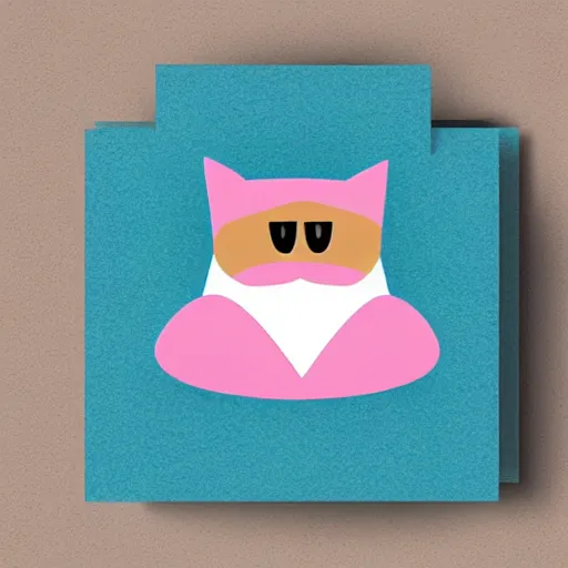 Image similar to sticker of a pink square-bodied cat with thick sharpee eyebrows and a grumpy expression on its face sitting inside a rocket ship