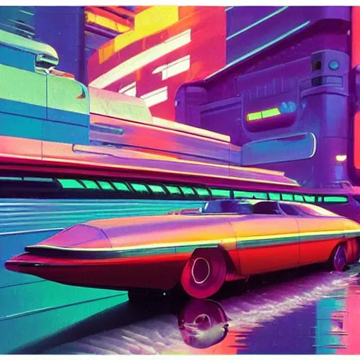 Prompt: Retro futuristic vehicle in a colorful urban landscape, neon lights reflecting in water, sci-fi concept art, by Syd Mead, highly detailed, oil on canvas –cfg_scale 7 –n 9