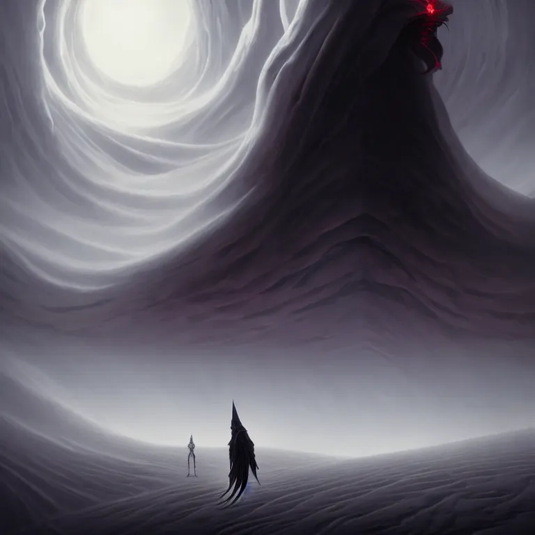 Prompt: one lone singular swirling otherworldly demonic figure shrouded in black crimson robes emerges from extensive barren white dunescape, matte painting by peter mohrbacher and filip hodas, background cn tower!, godrays, high contrast, highly detailed