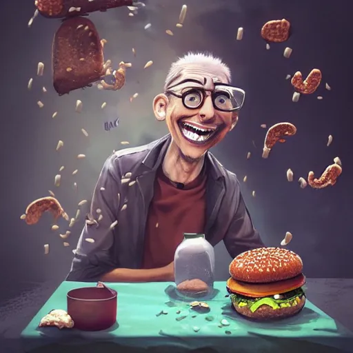 Image similar to !dream a mad scientist in his back yard laughing happily at the hamburgers which are falling from the sky , made by Stanley Artgerm Lau, WLOP, Rossdraws, ArtStation, CGSociety, concept art, cgsociety, octane render, trending on artstation, artstationHD, artstationHQ, unreal engine, 4k, 8k,