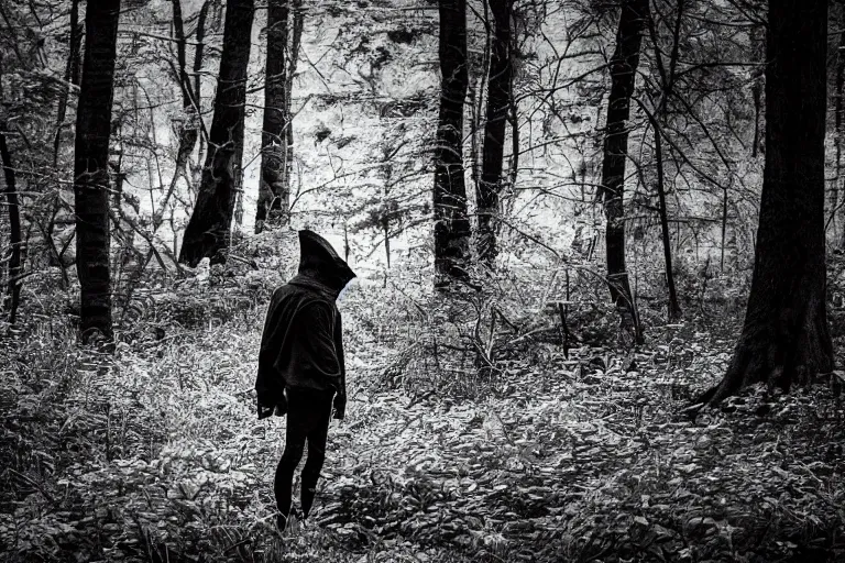 Image similar to crow human, photograph captured in a dark forest