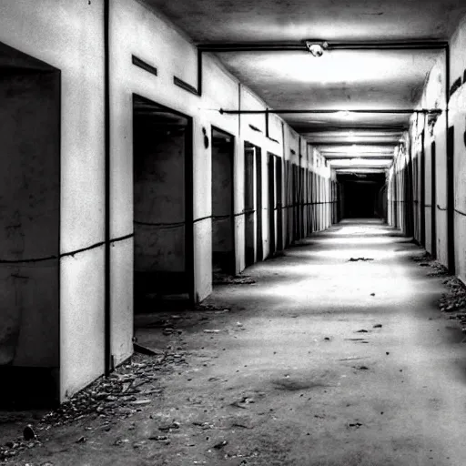 Image similar to terrifying ghosts in abandoned prison, security camera, black and white, real