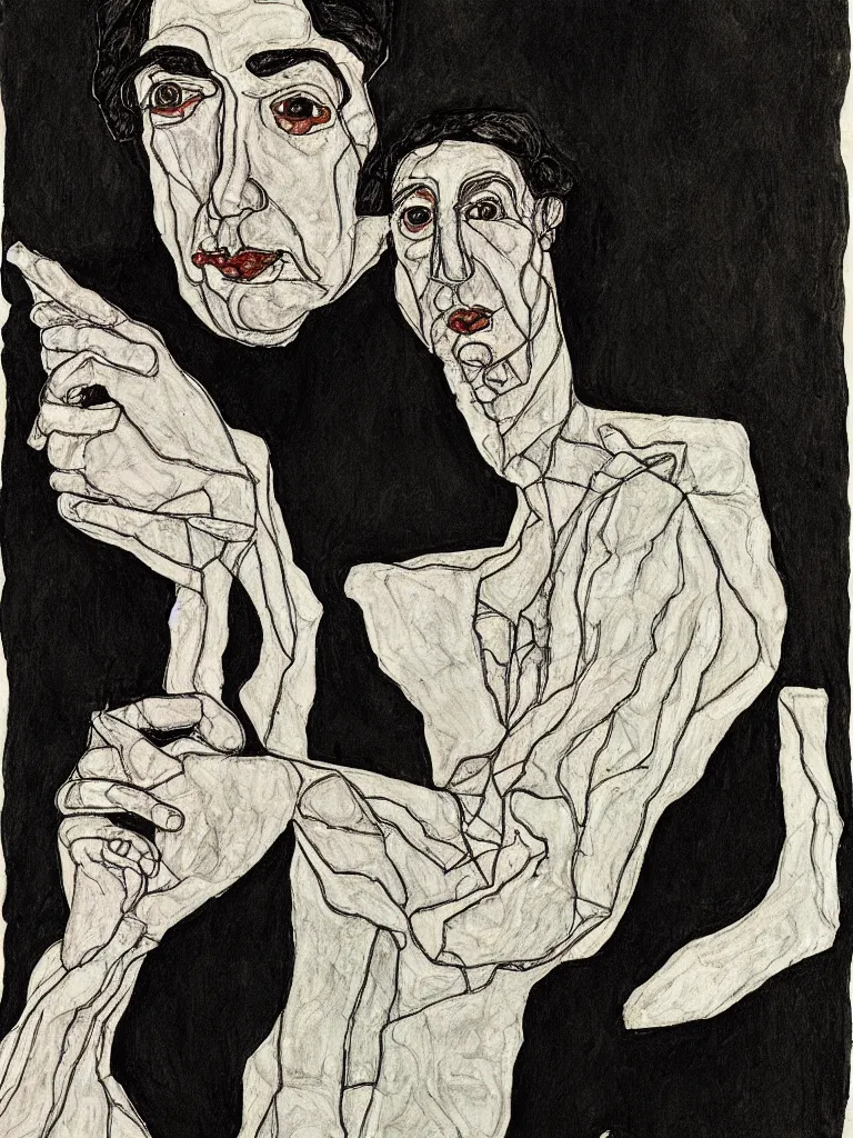 Prompt: a line art portrait of singer leonard cohen, inspired by the work of egon schiele.