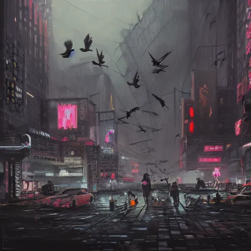 Image similar to A dark painting of a cyberpunk city infested with giant pigeons, trending on art station