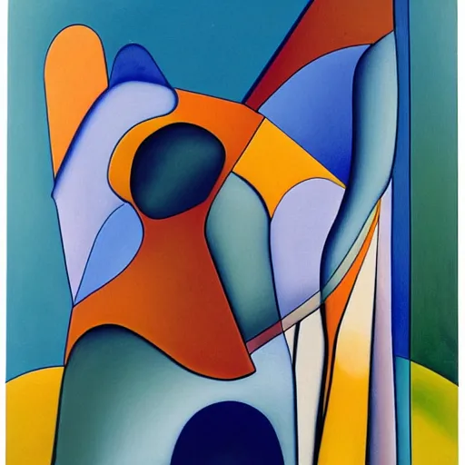 Image similar to woman as the natural landscape, her curves form the mountains and rivers of the land , high quality art in the style of cubism and georgia o’keefe,