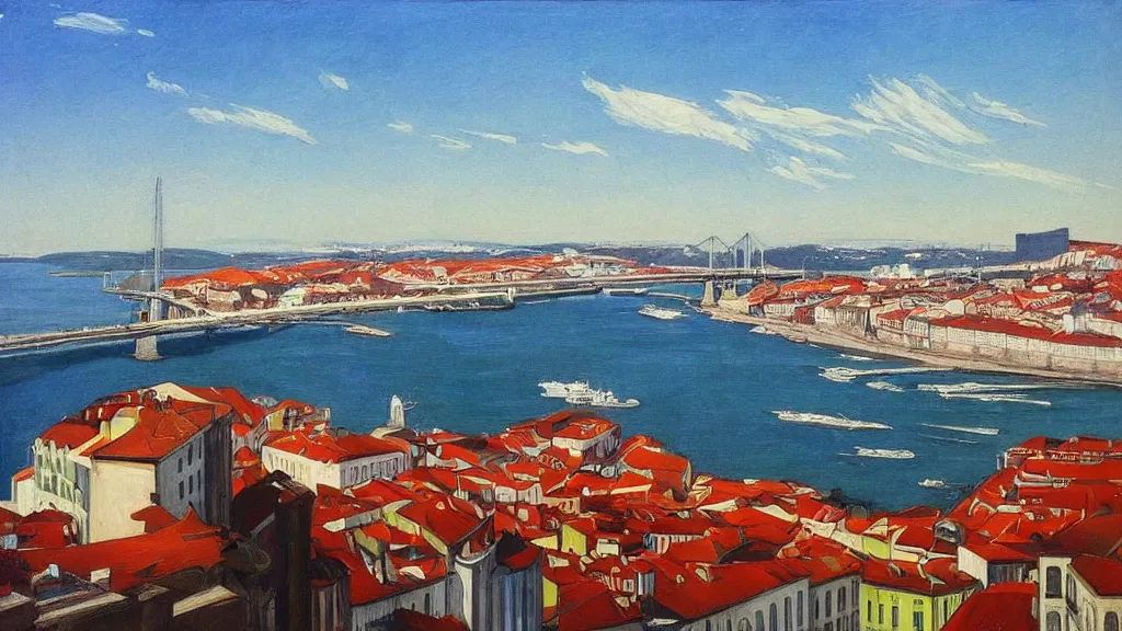 Prompt: Street art. paralyzed by the indescribable beauty of the cosmos. amazing view of city of Lisbon from the other side of the river. art style by Edward Hopper daring, incredible