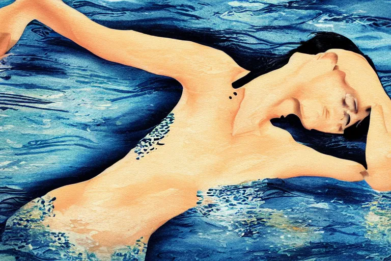 Image similar to beautiful serene swimming person, healing through motion, life, minimalistic golden and ink airbrush painting on white background