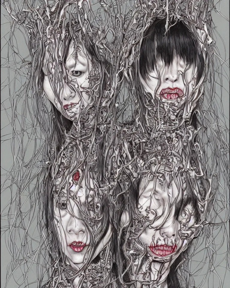 Prompt: portrait of a nightmare queen, by shintaro kago, highly detailed, realistically rendered, textured, cinematic lighting