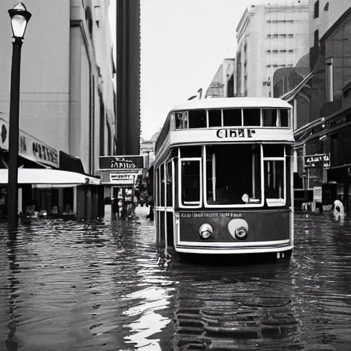 Prompt: flooded san francisco, trolley on market street, photography, award winning, 3 5 mm