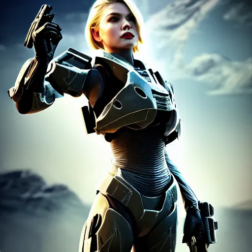 Prompt: A combination of Ada Wong's and Grace Kelly's and Katheryn Winnick's appearances with blonde hair wearing Master Chief's armor from Halo, high tech, action shot, angular, full body portrait, futuristic, dramatic, fantasy, intricate, elegant, highly detailed, digital painting, artstation, concept art, matte, sharp focus, illustration, 8K, art by Donato Giancola and James Gurney