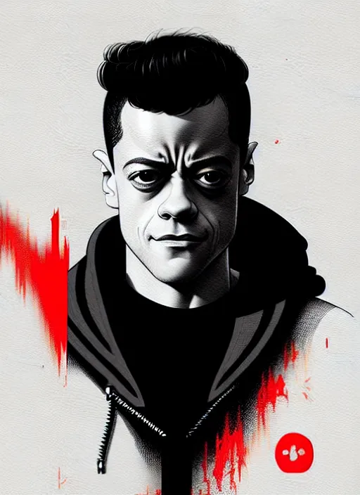 Image similar to highly detailed closeup portrait of rami malek, elliot alderson, black hoody by atey ghailan, by greg rutkowski, by greg tocchini, by james gilleard, by joe fenton, by kaethe butcher, gradient red, black and white color scheme, grunge aesthetic!!! ( ( graffiti tag wall background ) )