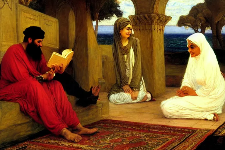 Prompt: the prophet mohammed reading salman rushdies book the satanic verses with a woman, being delighted and cheerful, whispering words of wisdom to her in solidarity with the author, painted by frederick arthur bridgman, oil on canvas