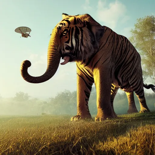 Prompt: tiger elephant flying through the skies, hyper detailed, digital art, trending in artstation, cinematic lighting, studio quality, smooth render, unreal engine 5 rendered, octane rendered, art style by klimt and nixeu and ian sprigger and wlop and krenz cushart