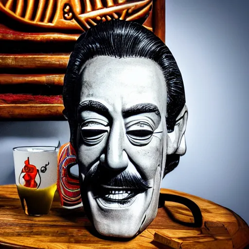 Image similar to a closeup photorealistic photograph of smiling salvador dali at trader vic's bar sitting next to a trader vic's style tiki mug featuring the face of salvador dali. tiki culture. bright scene. 4 k hd image that's trending on artstation, featured on behance, well rendered, extra crisp, features epic composition and the style of unreal engine.