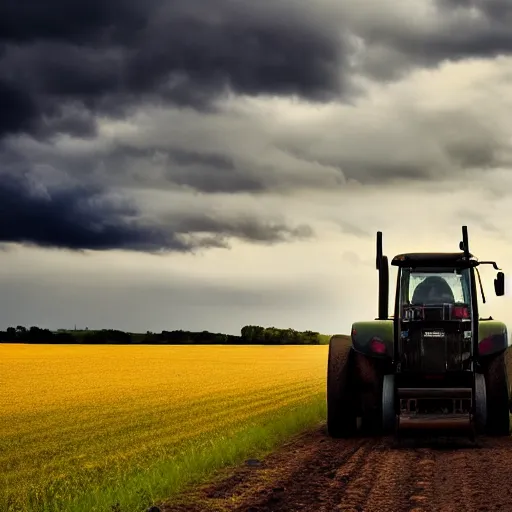 Image similar to tractor driving through field, sunset, ominous sky, beautiful photo, dslr photo, high detail, realism