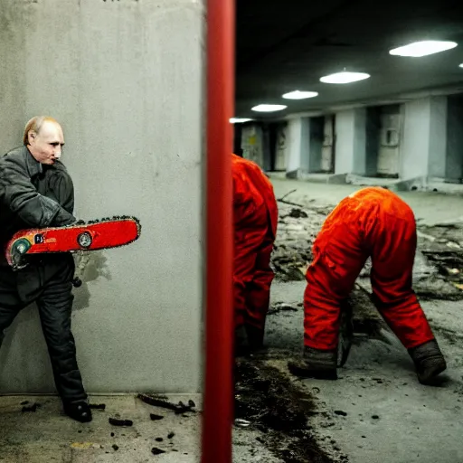 Image similar to putin with a chainsaw and a corpse. in a concrete bunker. focus on putins face with blood splatters. canon eos r 3, f / 1. 4, iso 1 6 0 0, 1 / 8 0 s, 8 k, raw, grainy