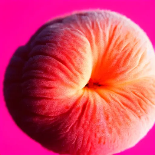 Image similar to a macro photo of a round peach's dry hairy skin, hyper realistic, hyper detailed, 35mm, very grainy film, pink volumetric studio lighting, bokeh, black background award winning shot, vogue magazine, cinematic, 8k, very closeup, elegant, tender, pastel