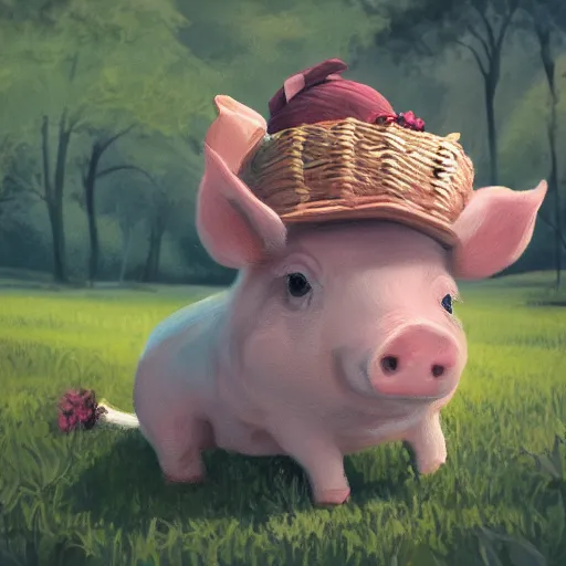 Prompt: cute and adorable miniature piggy 🐖 wearing a cute hat on a summer day, highly detailed, digital painting, artstation, concept art, smooth, sharp focus, illustration, art by yee chong and sydney hanson