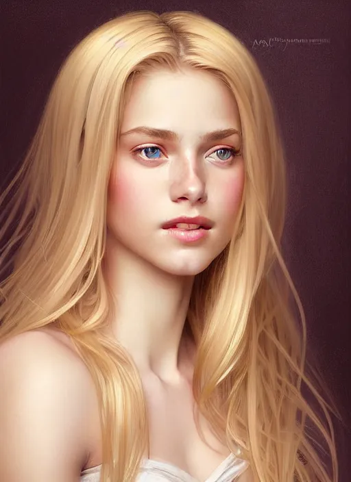 Prompt: beautiful feminine face! portrait of young woman blessed by god with ever - increasing physical mental perfection, blonde hair, symmetrical! intricate, elegant, highly detailed, holy perfection!! smile, feminine features, digital painting, artstation, concept art, smooth, sharp focus, illustration, art by artgerm and greg rutkowski and alphonse mucha