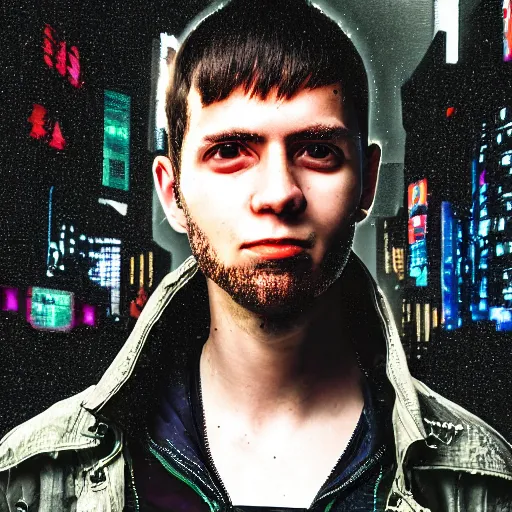 Image similar to cyberpunk foolish portrait of a young dude 2 8 years old, with tornado