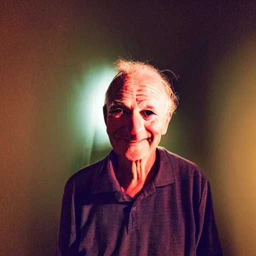 Image similar to an smiling old man standing in the dark with dramatic lighting