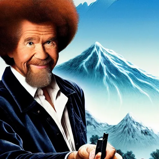 Prompt: Bob Ross as an action movie poster