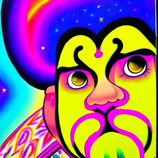 Image similar to lisa frank painting of sinbad at dave & busters