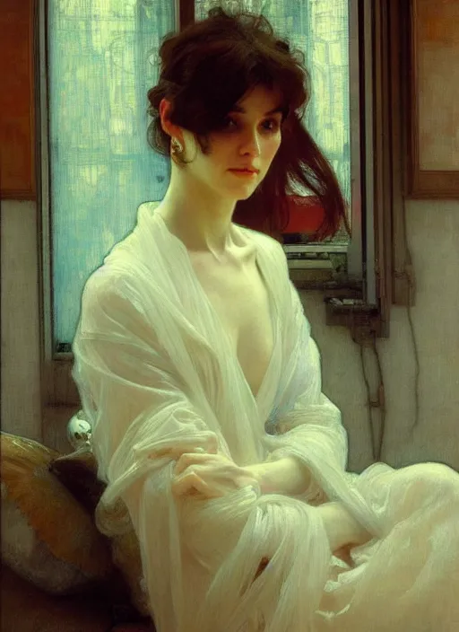 Image similar to a portrait of beautiful woman, inside a modern apartment, detailed oil painting, misty, ethereal, soft lighting, 8 k, by ruan jia and alphonse mucha