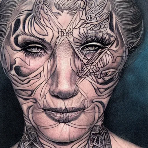 Image similar to a beautiful portrait of a heavily tattooed older woman Travis Charest style