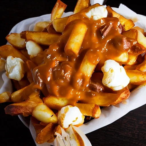 Prompt: a very realistic picture of a hot poutine the canadian dish with Cheese curds , ultra realistic, hyper detail,