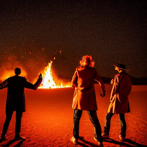 Image similar to photograph of three ravers, two men, one woman in a trenchcoat blessing the earth, seen from behind, talking around a fire, dancefloor kismet, diverse costumes, clean composition, desert transition area, bonfire, night, australian desert, xf iq 4, symmetry, sony a 7 r, 1 5 0 mp, 5 0 mm