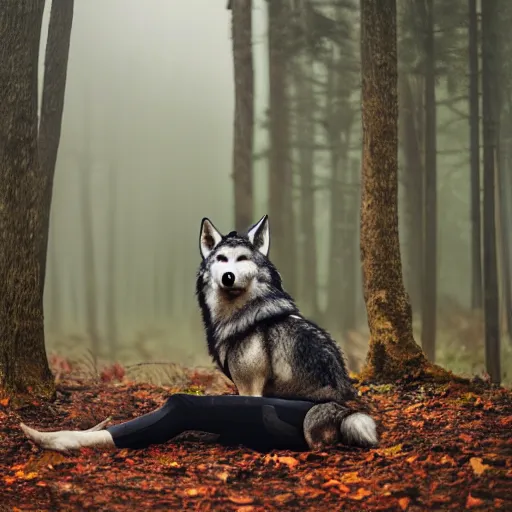 Prompt: realistic wolf fursuit, meditating in the forest, in the morning, fog, ambient light, photo